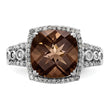 Sterling Silver Rhodium Diamond & Checker-Cut Smoky Quartz Ring