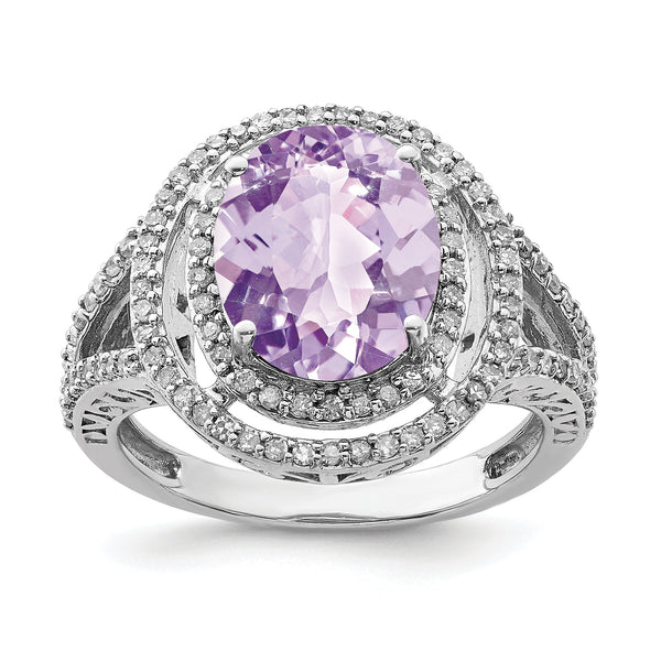 Sterling Silver Rhodium Oval Diamond & Pink Quartz Ring