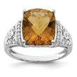Sterling Silver Rhodium Diamond & Checker-Cut Whiskey Quartz Ring