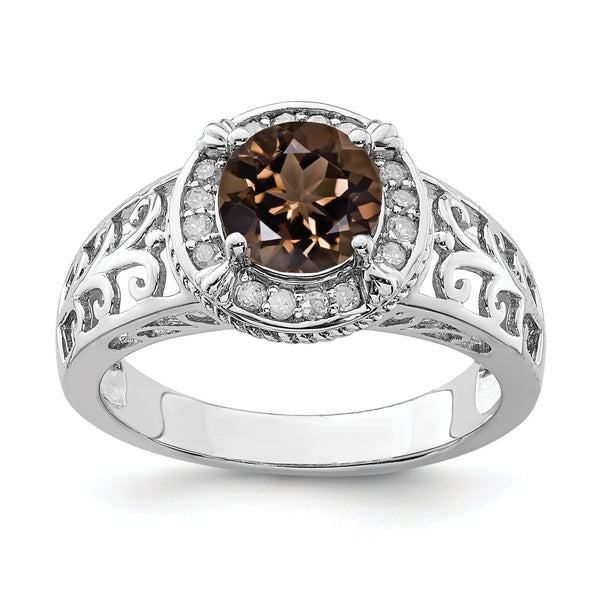 Sterling Silver Rhodium Diamond & Smoky Quartz Ring