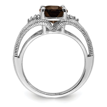 Sterling Silver Rhodium Oval Smoky Quartz & Diamond Ring