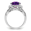 Sterling Silver Rhodium Oval Checker-Cut Amethyst & Diamond Ring