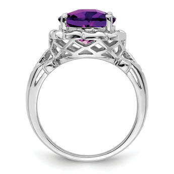 Sterling Silver Rhodium Oval Checker-Cut Amethyst & Diamond Ring