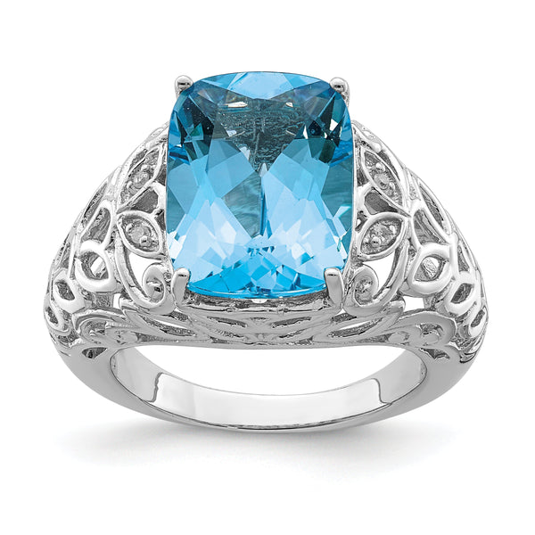 Sterling Silver Rhodium Swiss Blue Topaz & Diamond Ring