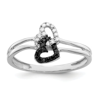 White Night Sterling Silver Rhodium-plated Black and White Diamond Double Heart Ring