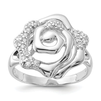Sterling Silver Rhodium Plated CZ Rose Ring