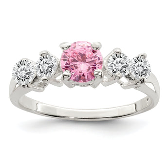 Sterling Silver Pink Round CZ WithSide Stones Ring