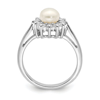 Sterling Silver Rhodium Plated CZ and Fresh Water Cultured Pearl Ring