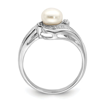 Sterling Silver Rhodium Plated Diamond and Fresh Water Cultured Pearl Ring