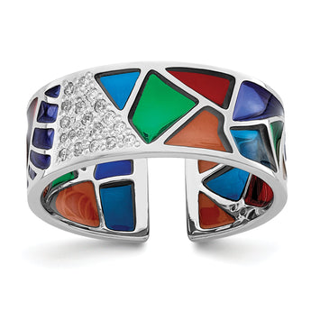 Sterling Silver Rhodium-plated Abstract Multi-color Enamel & CZ Cuff Ring