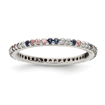 Sterling Silver Rhodium-plated with Blue, Pink & Clear CZ Ring