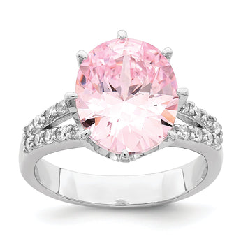 Sterling Silver Rhodium-plated 12x10 Oval Pink & White CZ Ring