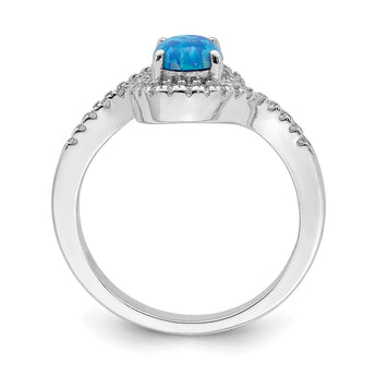 Sterling Silver Rhodium-plated Created Blue Opal /CZ Halo Ring