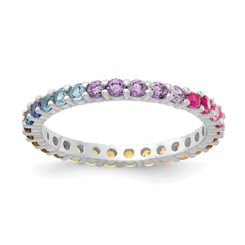 Prizma Sterling Silver Rhodium-plated Colorful CZ Eternity Band Ring