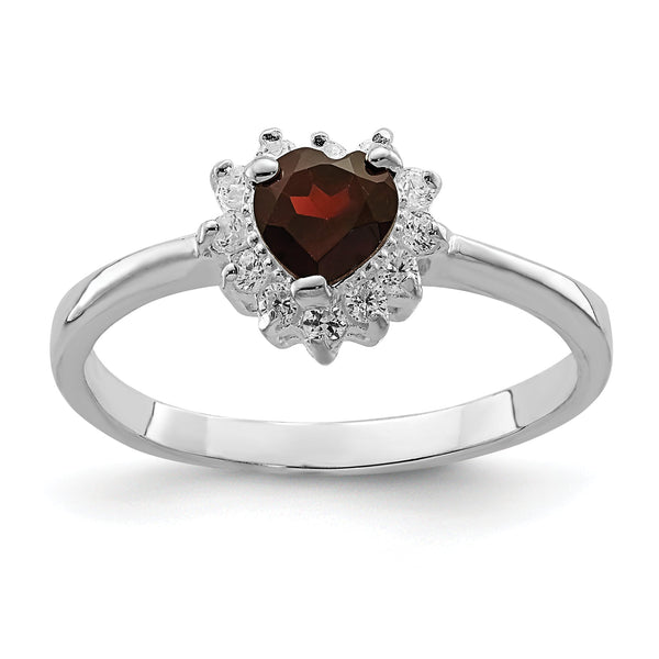 Sterling Silver Rhodium-plated Garnet & CZ Heart Ring