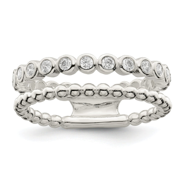Sterling Silver Polished CZ Beaded Double Fancy Ring