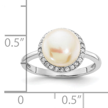 Sterling Silver Rhod-plated CZ 9-10mm Button White FWC Pearl Ring
