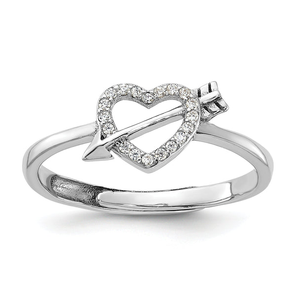 Sterling Silver Rhodium-plated CZ Heart with Arrow Adjustable Ring