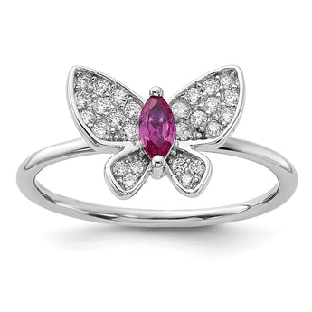 Sterling Silver Rhodium-plated Red and White CZ Butterfly Ring