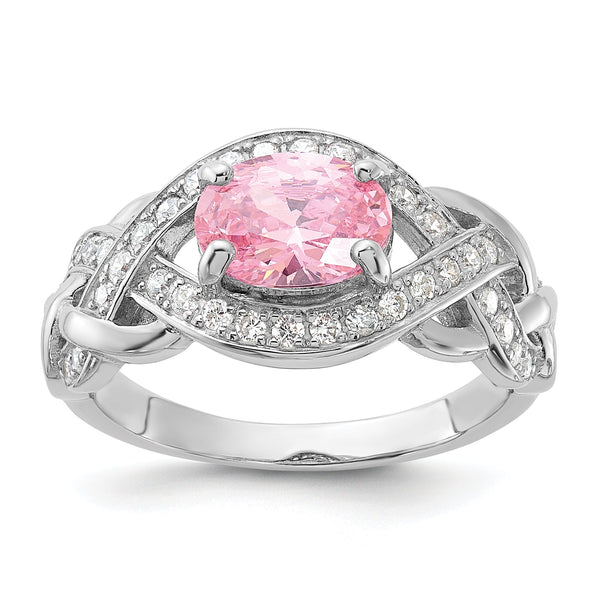 Sterling Silver Rhodium-plated Pink & White CZ Braided Ring