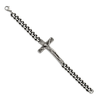 Chisel Stainless Steel Antiqued and Polished Crucifix 8.75 inch Bracelet