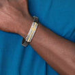 Stainless Steel Polished Yellow IP Cross Black Leather w/.5in ext Bracelet
