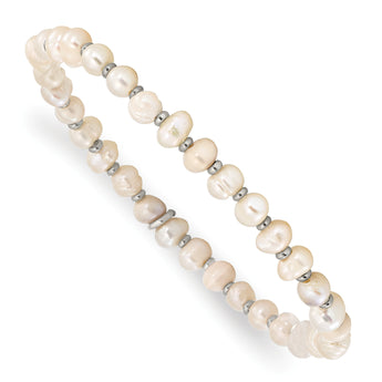 Chisel Stainless Steel Polished 5.5mm Freshwater Cultured Pearl Beaded Stretch Bracelet