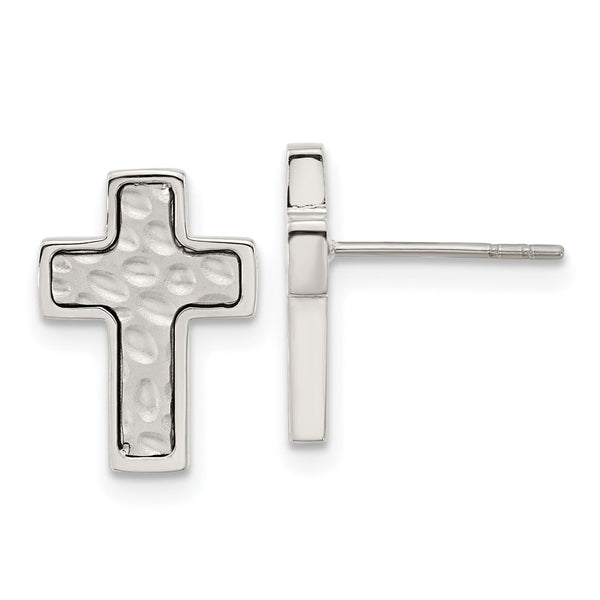 Chisel Stainless Steel Brushed Polished and Textured Cross Post Earrings