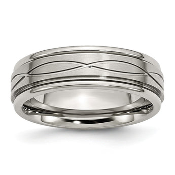Stainless Steel Polished/Brushed Criss-cross Design 7mm Ridged Edge Band