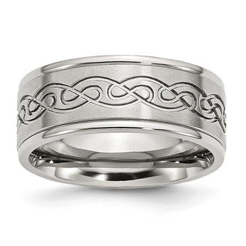 Stainless Steel Scroll Design 9mm Brushed/Polished Ridged Edge Band