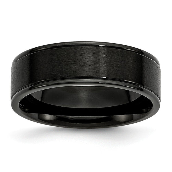 Stainless Steel 7mm Black IP-plated Grooved Brushed/Polished Band