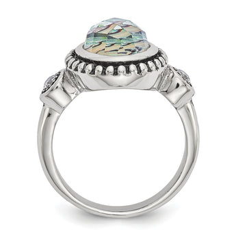 Stainless Steel Polished and Antiqued Imitation Abalone and CZ Ring