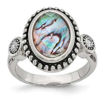 Stainless Steel Polished and Antiqued Imitation Abalone and CZ Ring