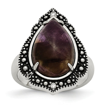 Stainless Steel Polished/Antiqued Amethyst Teardrop Polished Ring