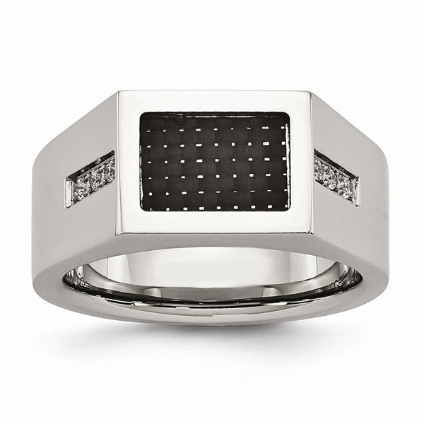 Stainless Steel Polished Black Carbon Fiber Inlay with CZ Ring