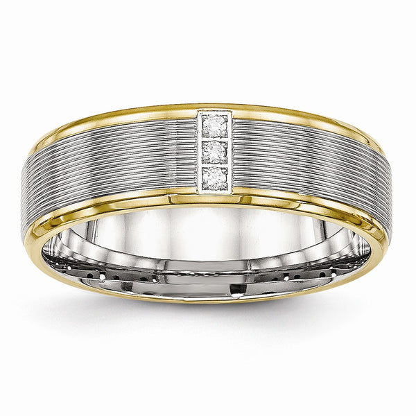 Stainless Steel Polished Yellow IP CZ Grooved Comfort Back Ring
