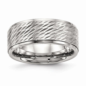 Stainless Steel Polished w/Brushed Center Ridged Edge Diamond Cut Ring