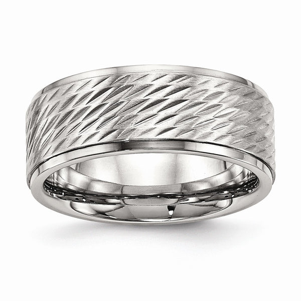 Stainless Steel Polished w/Brushed Center Ridged Edge Diamond Cut Ring