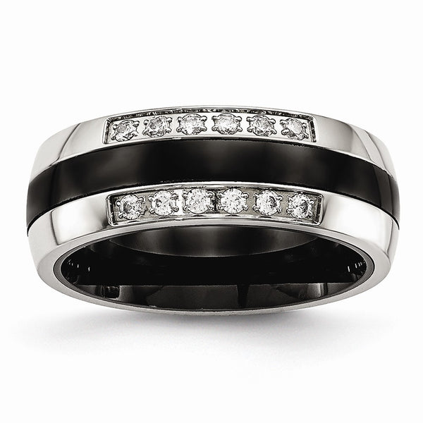 Stainless Steel Polished Black Ceramic CZ Ring