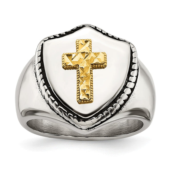 Stainless Steel w/14k Accent Antiqued & Polished Cross on Shield Ring