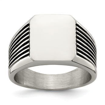 Stainless Steel Polished with Black Enamel Signet Ring