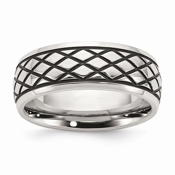 Stainless Steel Polished and Antiqued Checkered Pattern 8mm Band