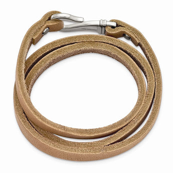 Stainless Steel Light Brown Leather Wrap Bracelet