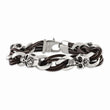 Stainless Steel Polished Skulls/Roses Brown Leather Bracelet