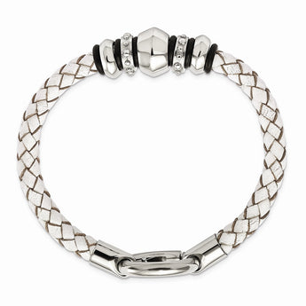 Stainless Steel Polished White Leather Black Rubber Bracelet