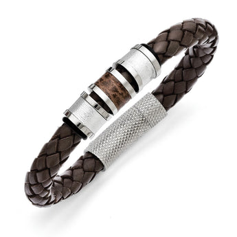 Stainless Steel Polished Brown Leather Black Rubber Bracelet