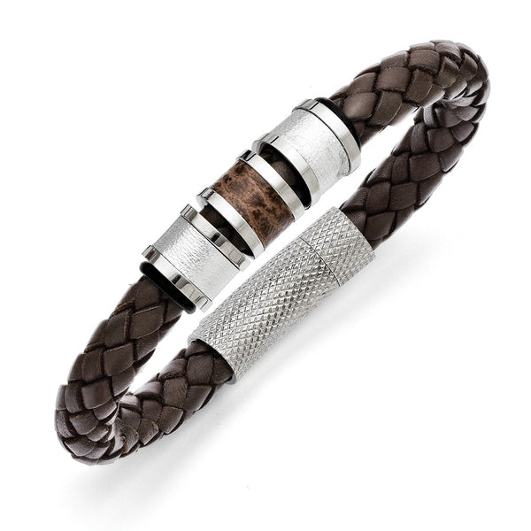 Stainless Steel Polished Brown Leather Black Rubber Bracelet