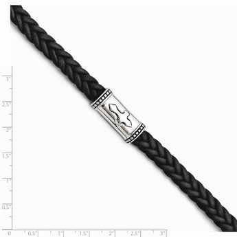 Stainless Steel Polished Cross Leather Antiqued Bracelet