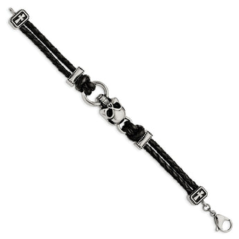Stainless Steel Antiqued Skull with Crosses Leather Bracelet