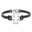 Stainless Steel Polished Cross Black Leather Bracelet